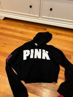 PINK Victoria's Secret Black Cropped Hoodie with White Logo